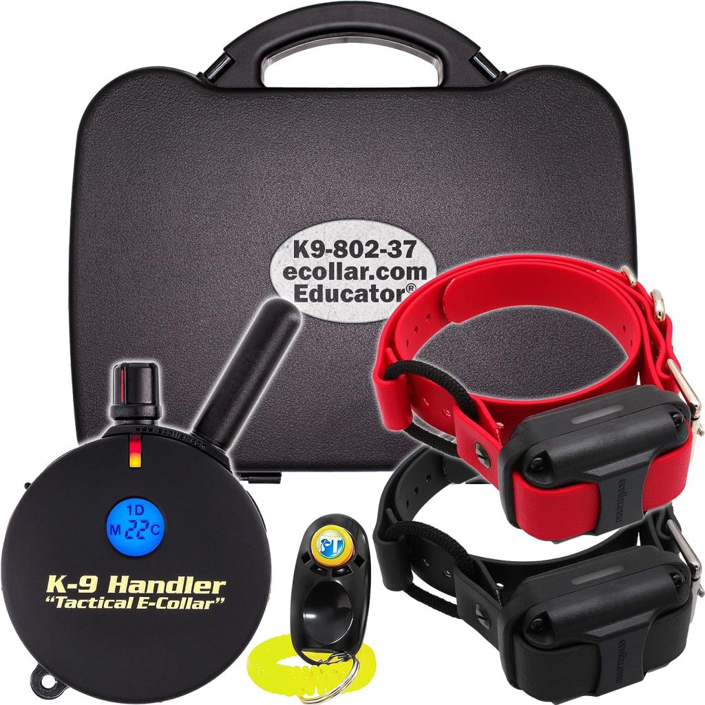 Educator K9-802 Two Dogs K9 Handler Professional E-Collar Training Collar with Remote - Up to 1 Mile Range, Waterproof, Rechargeable, 100 Stimulation Levels, Vibration, Tone, 37-Inch Bungee Collar