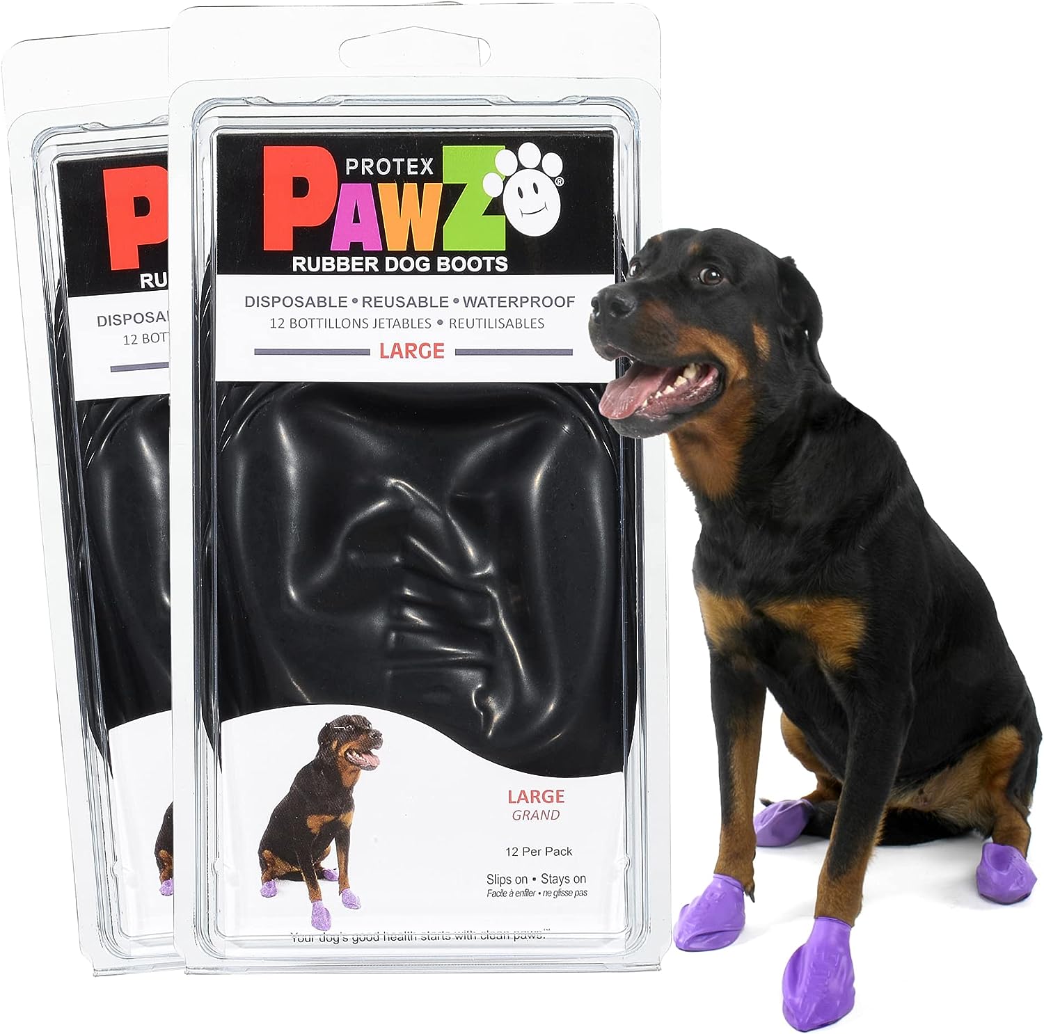 PawZ Rubber Dog Boots for Paws up to 4, 24 Total (2 Packs of 12) - All-Weather Dog Booties for Hot Pavement, Snow, Mud, and Rain - Waterproof, Anti Slip Dog Socks - Large, Black