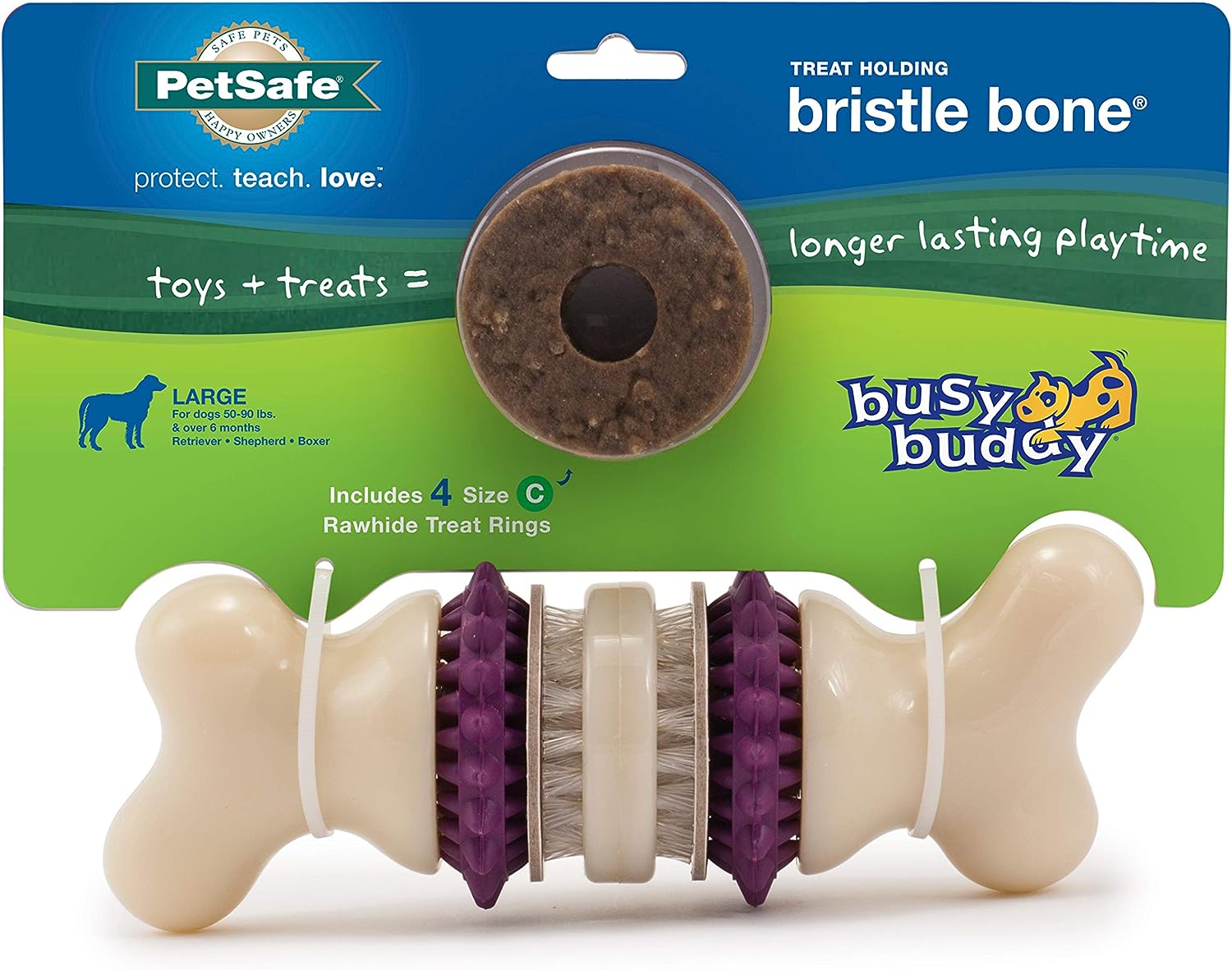 PetSafe Busy Buddy Bristle Bone - Treat-Holding Toy for Dogs - Treat Rings Included - Treats Thoroughly Mixed During Bake to Prevent Choking - Rigorously Tested Ingredients - Purple, Large