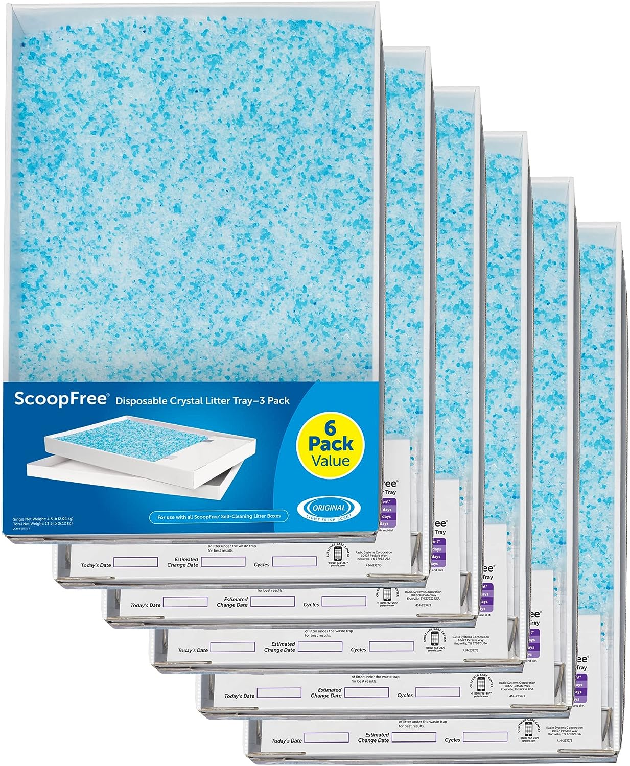 PetSafe ScoopFree Crystal Litter Tray Refills – Premium Blue Crystals, 6-Pack – Disposable Tray – Includes Leak Protection Low Tracking Litter – Absorbs Odors on Contact