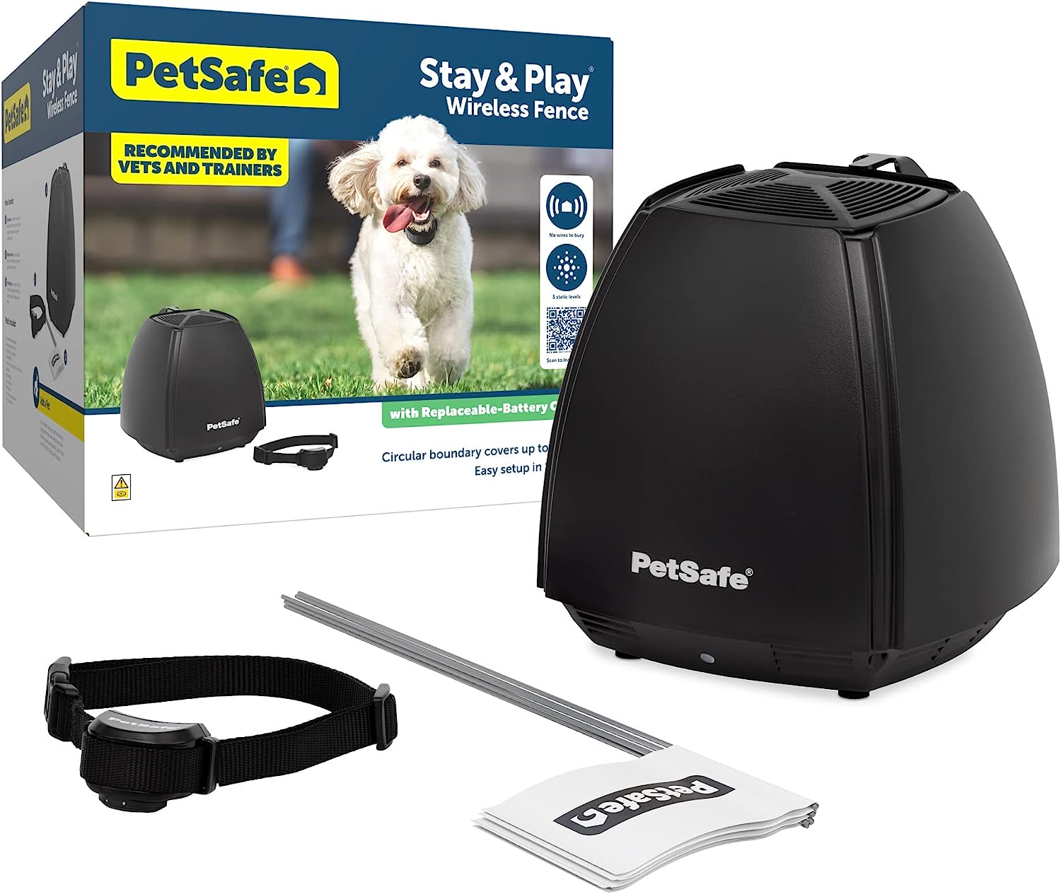 PetSafe Stay  Play Wireless Pet Fence  Replaceable Battery Collar - Circular Boundary Secures up to 3/4 Acre Yard, No-Dig, Americas Safest Wireless Fence From Parent Company INVISIBLE FENCE Brand