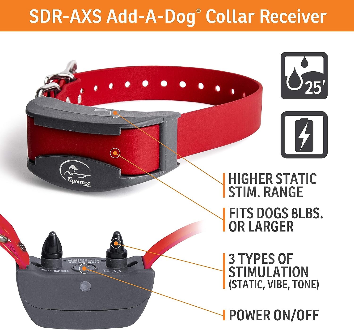 SportDOG Brand FieldTrainer 425XS Add-A-Dog Collar for Stubborn Dogs - Additional, Replacement, or Extra Collar for Your Remote Trainer - Waterproof and Rechargeable with Tone, Vibration, and Static
